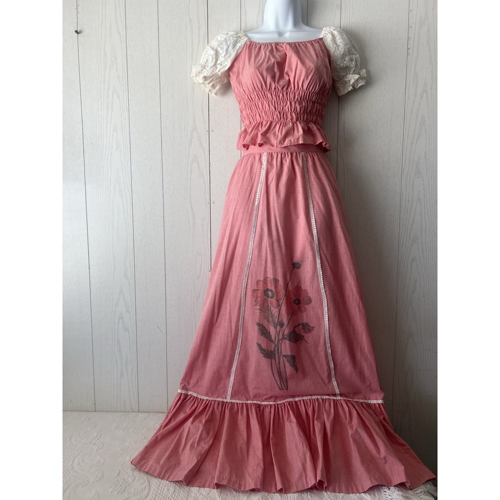 1970's Treś Petite 2-piece Skirt Set Prairie Boho Smocked Maxi Vintage Small 5
